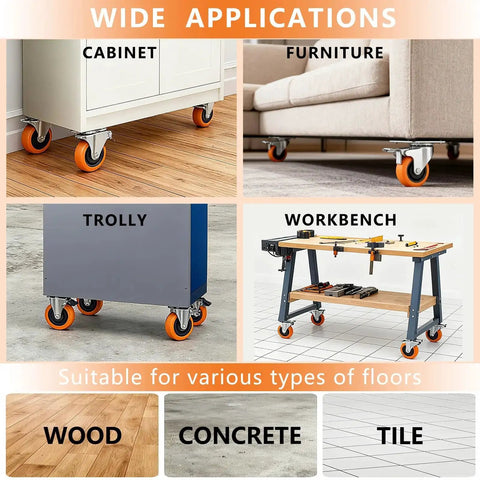 4 Inch Heavy Duty Caster Wheels Set Of 4 With Dual Pedal Locking Brakes installed on cabinet, sofa, trolley, and workbench