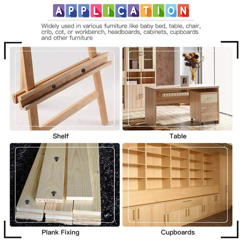 Four images of applications for furniture: shelf, table, plank fixing, and cupboards using hex socket cap bolts and nuts.