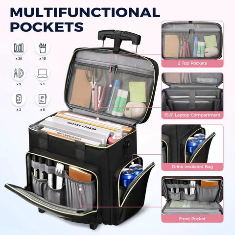 Open view of a rolling teacher bag with detachable dolly, showing file compartment, 15.6 inch laptop sleeve, insulated drink pocket, and organizer pockets.