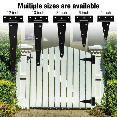 Multiple sizes of Six Inch T Strap Shed Door Hinges Heavy Duty 2 Pack With 270 Degree Rotation shown on a garden gate.