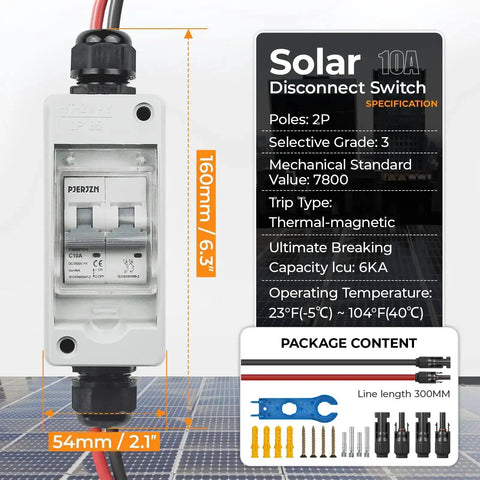 Outdoor Solar Panel Disconnect Switch 1000V 10A IP65 Rated PV Disconnect for Homes and Battery Systems front view connection