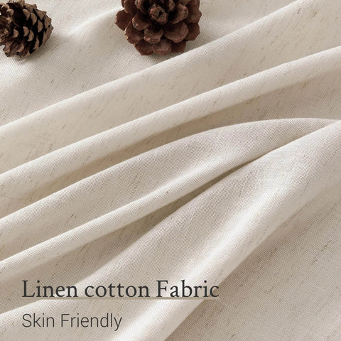 Light brown linen cotton fabric with pine cones, showing texture and close-up details of skin-friendly material.