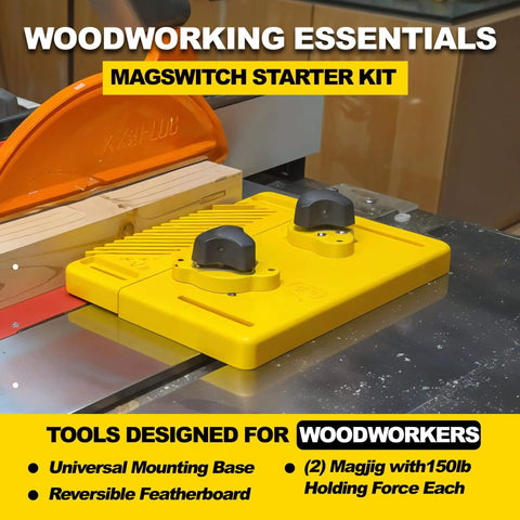 Ultra Handy Woodworking Starter Kit With Featherboard, yellow featherboard with magnetic base on table saw