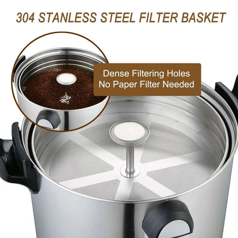 Interior view of Big Crowd Ready Commercial Coffee Urn 100 Cup Brewer For Offices Churches Catering Events with stainless steel filter.