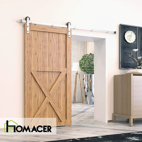Non Bypass Sliding Barn Door Hardware Kit For One Door, 5.5 Feet Long Flat Track With Straight Rollers, Heavy Duty Brushed Nickel Finish, For Interior Use Only, Doors Not Included