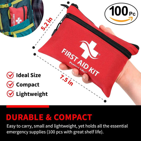 Go To 100 Piece First Aid Kit For Travel And Outdoors, compact red medical kit with zipper held in hand, 7.5 x 5.2 inches, ideal size for backpack.