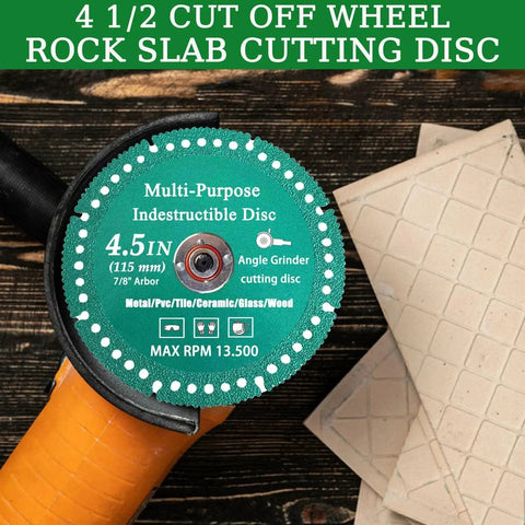 Four Point Five Inch Pro Grade Diamond Cut Off Wheel on angle grinder, with ceramic tiles in background, 7/8 Inch Arbor, Open Slot Design.