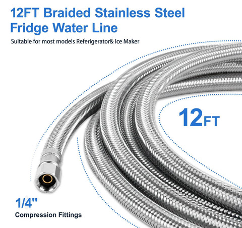 Refrigerator water line hose, 12 ft braided stainless steel with 1/4 in compression fittings