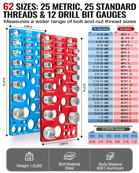 All In One Nut And Bolt Thread Checker Kit With 62 Pieces, 25 Standard And 25 Metric Thread Gauges, 12 Drill Bit Gauges, Wall Mount Bolt Size Finder for Fasteners and Drill Bits, showing metric and standard sizes.