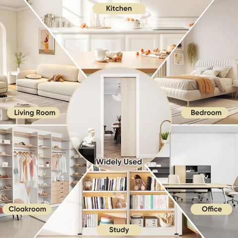 Six Foot Pocket Door Kit installed in various rooms like kitchen, bedroom, living room, office, cloakroom, and study.