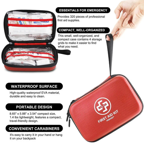 Open view of Premium 320 Piece Waterproof First Aid Kit In A Durable EVA Hard Shell For Home Camping Cars Hiking Travel And Outdoor Emergencies By VRIEXSD showcasing organized medical supplies.