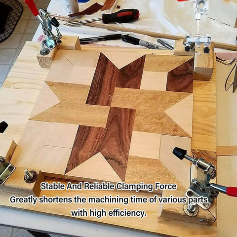 Stainless Steel Push Pull Toggle Clamp With Quick Release System 40kg Holding Capacity Heavy Duty Welding Clamp Set securing wooden pieces on board.