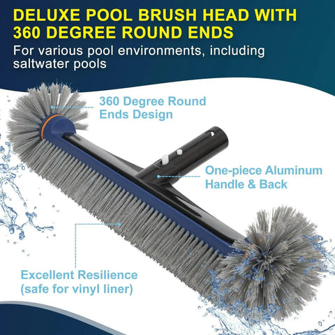 All In One Pool Cleaning Kit With Rubber Edge Skimmer Net And 17.5 Inch Brush Head, rotating scrub brush, heavy duty cleaning
