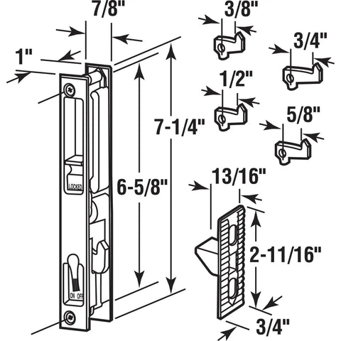 Diagram of Diecast Non Keyed Patio Sliding Door Handle Set For 1 In To 1-1/8 In Thick Glass Doors White Replacement Flush Mount Hook Style Handle For Mortise Cut Outs Measuring 7-7/64 In Tall And 3/4 In Wide showing dimensions and hook sizes.