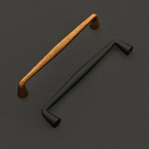 Matte black and wood cabinet handles, 10 Pack Matte Black Cabinet Handles With 5 Inch Hole Center Solid Zinc Alloy Drawer Pulls, top view.