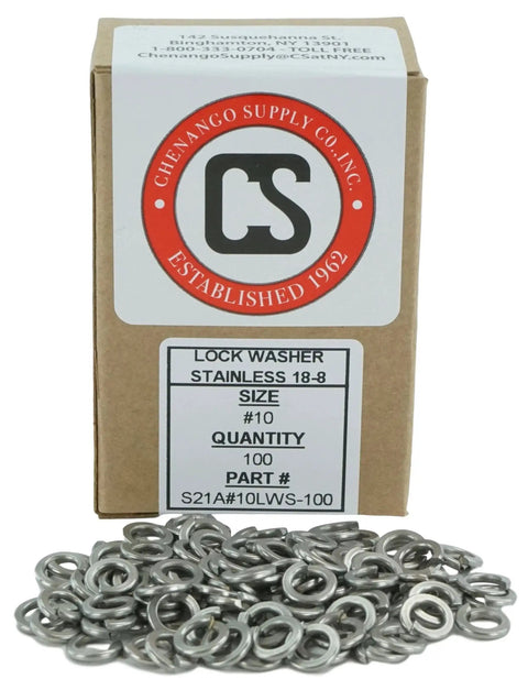Front view of stainless #10 split lock washers, 18-8 stainless steel, 100 pcs in box