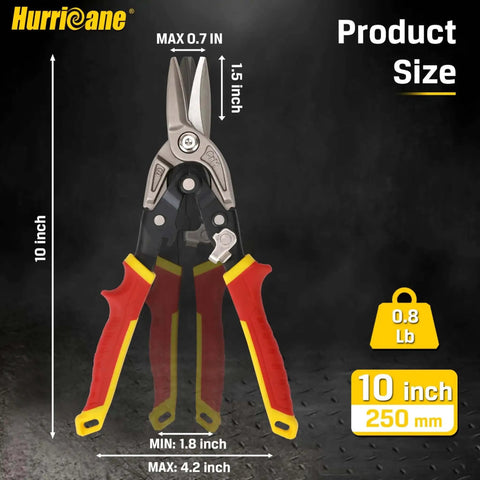 10 Inch Aviation Snips with Safety Lock and CR-MO Blades for Straight Cutting Metal Sheets, featured on a black background with size info