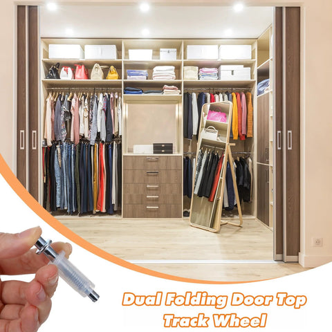 Closet with dual folding doors open, inset image of Six Pack Bi-Fold Door Top Roller Guide Wheels With Top Pivot Spring Loaded Hardware Kit