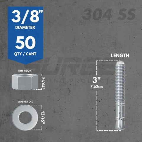 Diagram showing Three-Eighth-Inch By Three-Inch 304 Stainless Steel Wedge Anchors for concrete and cement, with measurements.
