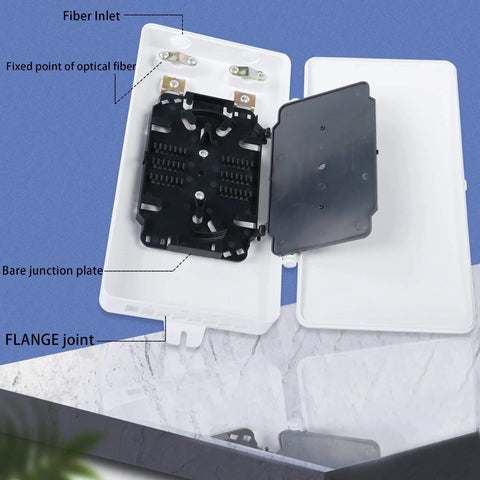 Open eight-port SC fiber optic terminal box showing fiber inlet and junction plate for termination and distribution in networks.