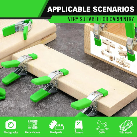 SWANLAKE 16-piece metal spring clamps with green pads, 6-inch size, 2.4-inch jaw opening, clamping wood boards.