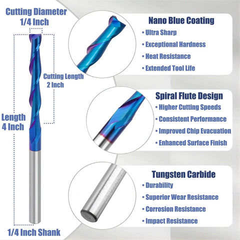 Upcut Spiral Router Bit For CNC Woodworking With One Quarter Inch Shank And One Quarter Inch Cutting Diameter Two Flute Long End Mill For Mortises Milling Carving And Engraving Carbide Construction Pro Grade Quality By Yakamoz with nano blue coating and tungsten carbide material visible.