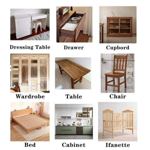 Collage of furniture including dressing table, drawer, cupboard, wardrobe, table, chair, bed, cabinet, and infant crib.