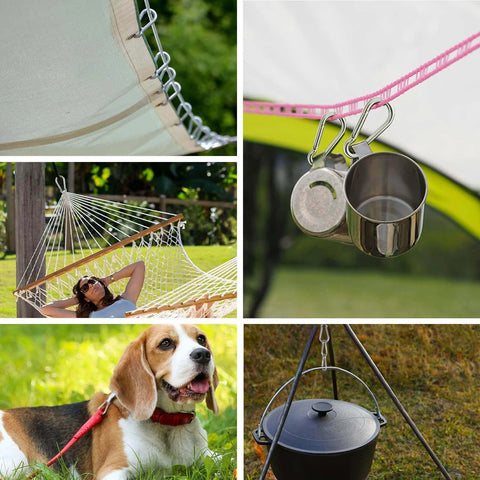 Outdoor camping gear with tent clip, hammock with person, dog on grass, and hanging cooking pot and cups.