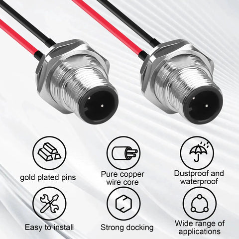 2 Pack Rugged M12 2 Pin Male Connector Cable A-Coded IP67 Waterproof Aviation Connector Pin with Features Illustrated