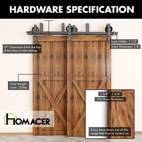 Front view of Black Rustic Double Track U Shape Bypass Sliding Barn Door Hardware Kit For Two Doors 9ft Flat Track With Spoke Wheel Rollers.