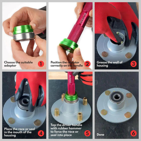 Bearing Press Kit 10 Piece Bearing Race And Seal Driver Set demonstration for wheel bearing installation steps 1 to 6.
