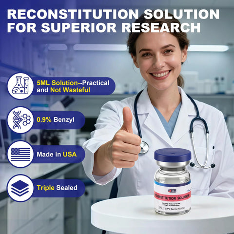 5 mL reconstitution solution in a blue-capped glass vial on a lab table; smiling doctor in a white coat in background.