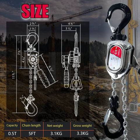Chrome Mini Lever Block Hoist 1100lbs 5ft Come Along Chain Hoist shown with size specifications and forest background