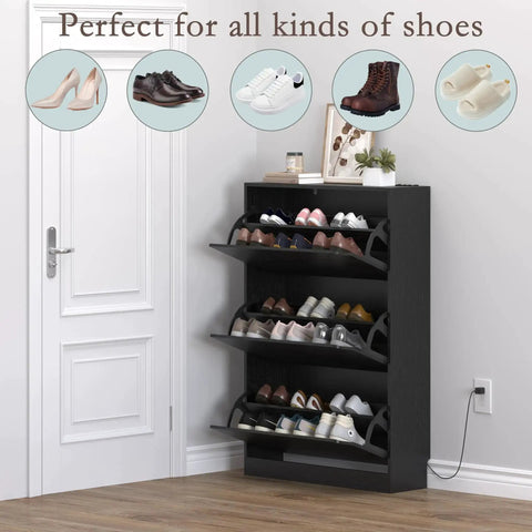 Slim 3-Flip Shoe Storage Cabinet With Odor Control Deodorizer in black, placed in a hallway displaying organized shoes