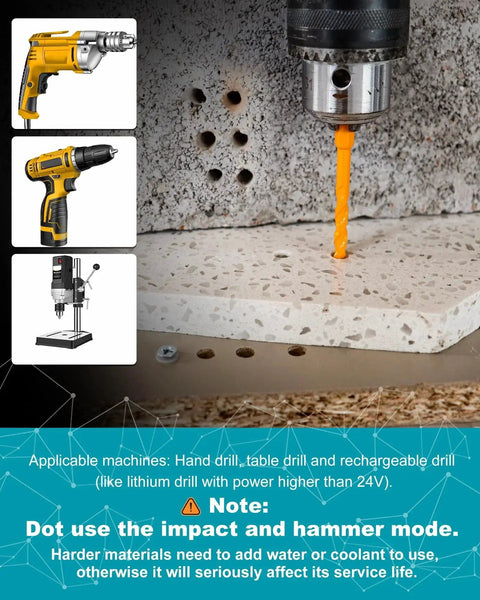 12 Piece Diamond Drill Bits Set For Tile Masonry And Wood With 1/4 Inch Quick Change Hex Shank in use with hand drill on tile