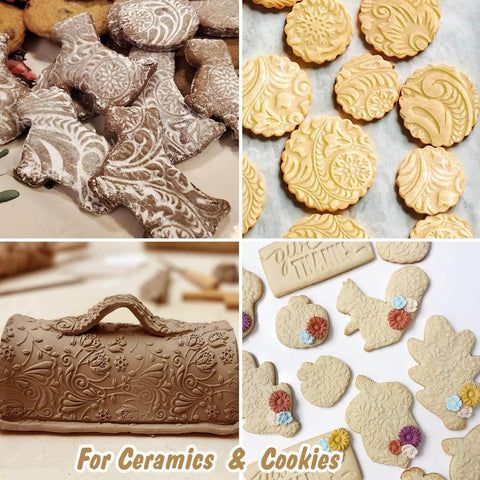 Christmas Themed Embossed Rolling Pin For Baking Cookies With Snowflake And Snowman Designs Wooden Engraved Springerle Style Dough Roller For Patterned Clay Pottery And Ceramic Projects Super Fun For Home Bakers And Kids, shown with decorated cookies and clay crafts