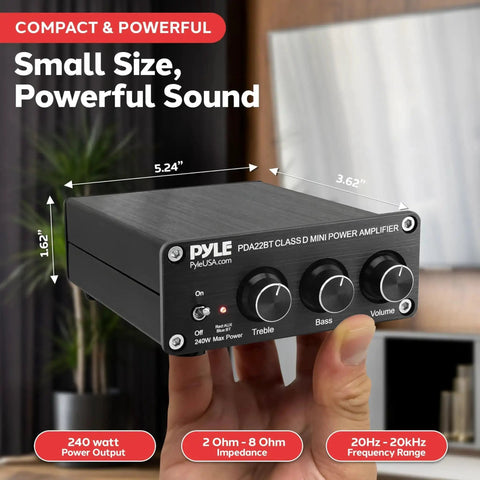 240W Mini Bluetooth Home Stereo Amplifier With 2 Channel Output, Compact Micro Receiver in hand, featuring control knobs.