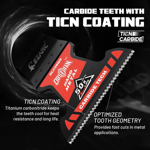 Close-up of EZARC Obsidian Carbide Oscillating Saw Blades with TiCN coating, showing carbide teeth and optimized tooth geometry.