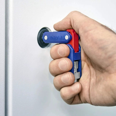 Double Joint Folding Cabinet Key With Magnetic Locking Three Profiles Outside Square Triangle And Double Bit in use on panel