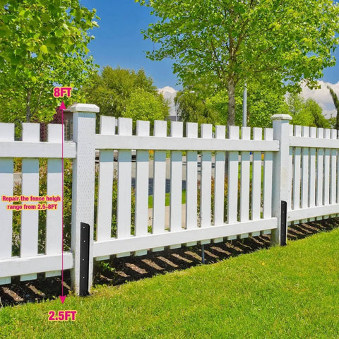 Heavy Duty Steel Fence Post Repair Kit With Double Ground Spikes installed on white fence, showing 2.5 to 8 ft repair range.