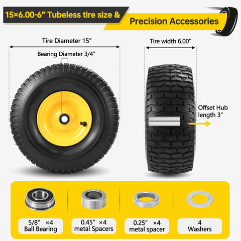 Two Pack 15x6.00-6 Lawn Mower Tire And Wheel Set For Front Replacement On Most 100 And 300 Series Riding Mowers With 3/4 Inch And 5/8 Inch Bearings, 3 Inch Offset Hub Adjustable Up To 4.4 Inches, 4 Ply Tubeless, 570 Lb Load Capacity product image showing tire dimensions and accessories.