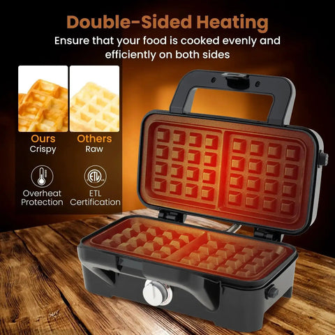 3 In 1 Sandwich Maker Waffle Maker With Removable Plates And Panini Press displaying double-sided heating for crispy waffles