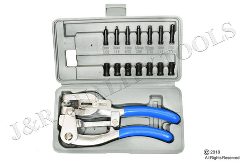 Heavy Duty Power Hole Punch Kit With 7 Size Die Set From 3/32 To 9/32 Inches in open case showing tool and dies