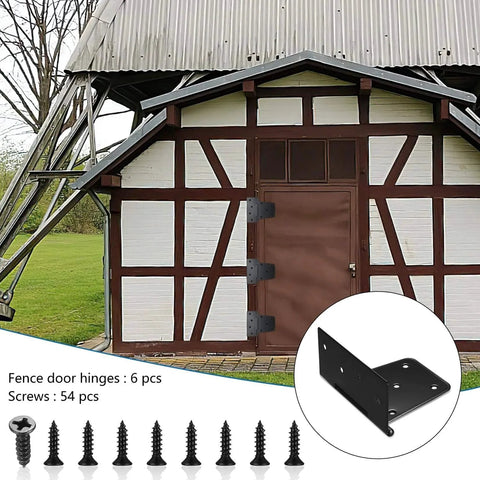 Heavy Duty Gate Hinges For Wooden Fences Set Of 6 Black Iron Barn Door Hinges With 54 Screws Installed on a Wooden Shed