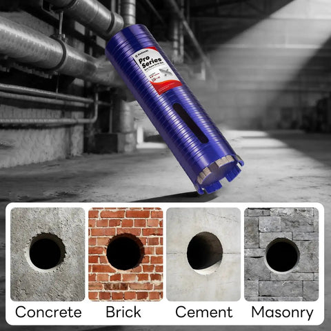 Pro Grade 2 Inch Diamond Core Drill Bit Kit With Pilot Bit And Adapters For SDS Plus And 1/2 Inch Hex Shank, shown with uses in concrete, brick, cement, and masonry.