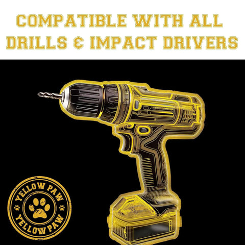 Cordless drill with Yellow Paw logo, compatible with all drills and impact drivers, overlay image in bright yellow outline.