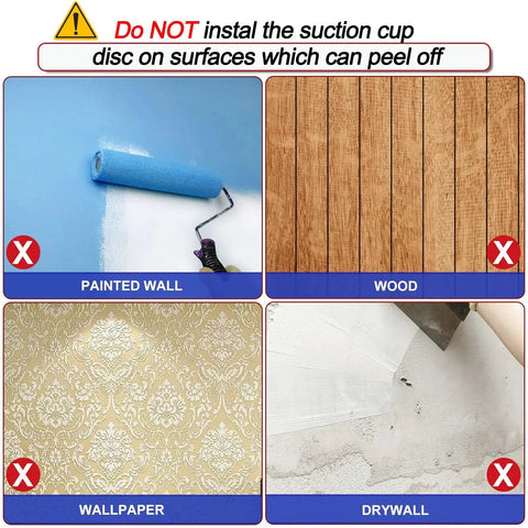 Image showing surfaces unsuitable for Suction Cup Hooks: painted wall, wood, wallpaper, and drywall, with warning text.