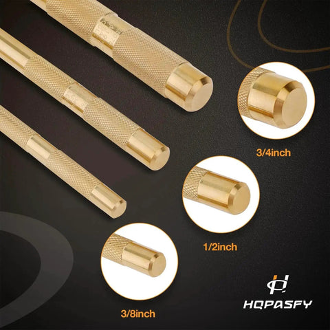 Drift Punch Set 3-Piece for Pin Removal and Alignment Includes Three Quarter Inch 19mm by Eight Inch, One Half Inch 13mm by Seven Inch, and Three Eighths Inch 10mm by Six Inch Brass Punches Non Marring Auto and Motorcycle Repair Tools.