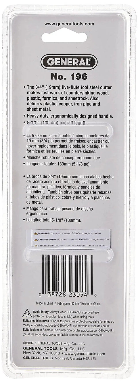 Back packaging of Compact Three Quarters Inch Hand Reamer And Countersink For Deburring And Enlarging Holes