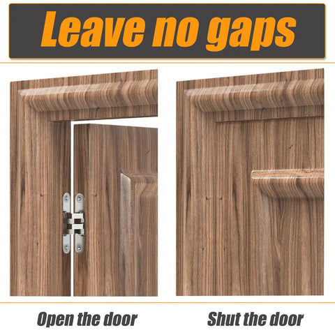 One Pair Hidden Gate Hinge Stainless Steel Invisible Door Hardware Concealed Barrel Hinge For Wood Doors Black Finish installed on wood cabinet with open and shut door view.